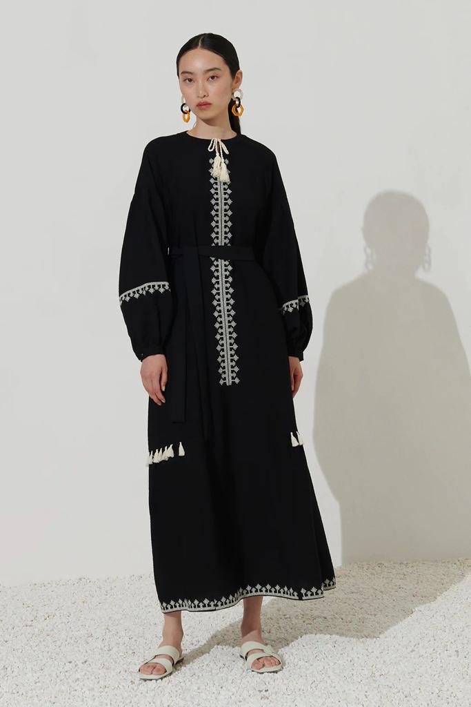 Black Linen Midaxi Dress with embroidery detail – Maleve Official