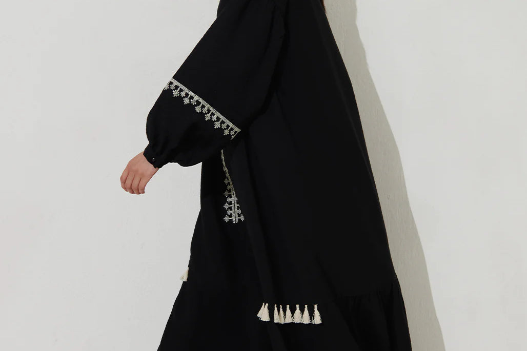 Black Linen Midaxi Dress with embroidery detail Maleve Official Black Linen Midaxi Dress with embroidery detail Maleve Official